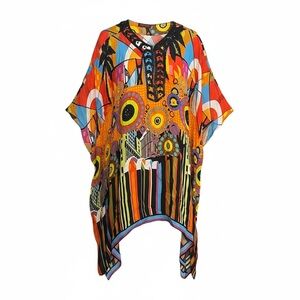 Rare Farah Khan Resort Womens Kaftan Tunic Cover Up One Size Orange Vibrant Boho